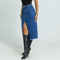 fashion style high elastic half-length denim skirt for women with front slit elegant arm-covering skirt easiest for matchslimming look blue denim skirt