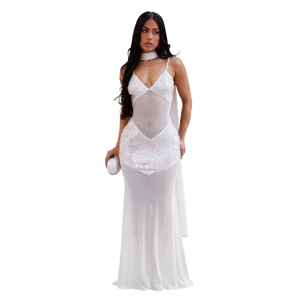 C7647 cross-border   fashion women's sexy mesh suspender v-neck sequin dress