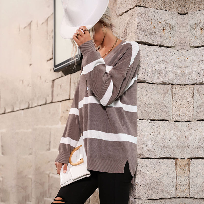 Independent Station Foreign Trade Wholesale 2023 Autumn New European and American Women's Cross-border Striped V-Neck Pullover Sweater