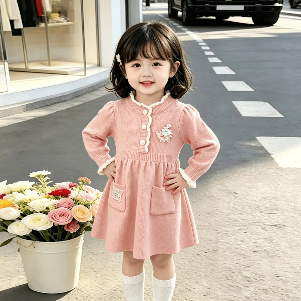 Girls' knit dress - new autumn/winter  collection - kids' lace collar knitted dress - baby red princess dress
