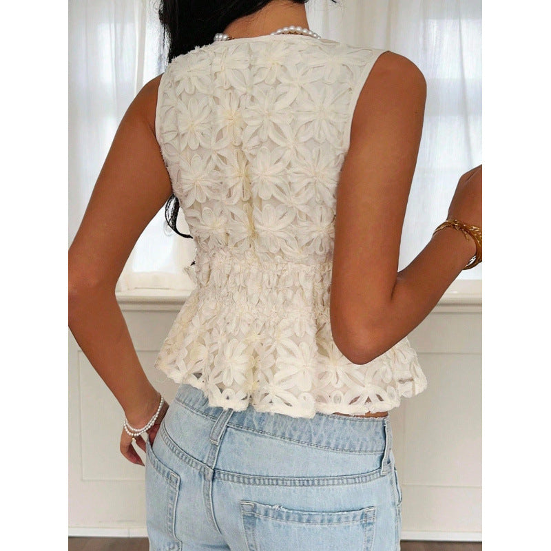 Women's 3d floral v-neck sleeveless ruched waist tie-up ruffle top, perfect for a gentle and chic work-to-weekend look