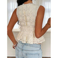 Women's 3d floral v-neck sleeveless ruched waist tie-up ruffle top, perfect for a gentle and chic work-to-weekend look