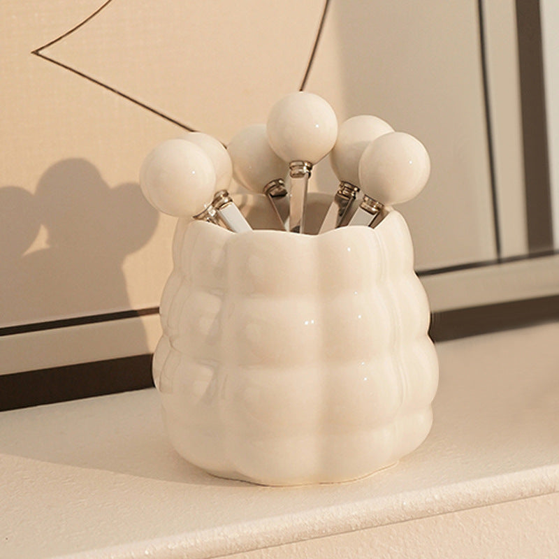 Cream style ceramic fruit fork light luxury set high appearance stainless steel fruit pick home decoration storage tube wholesale