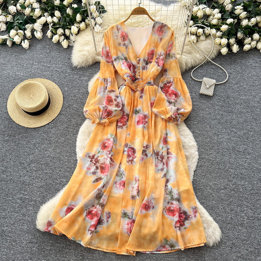 French chic floral print dress - women's v-neck puff sleeve, slimming waist, elegant maxi dress - perfect for vacation