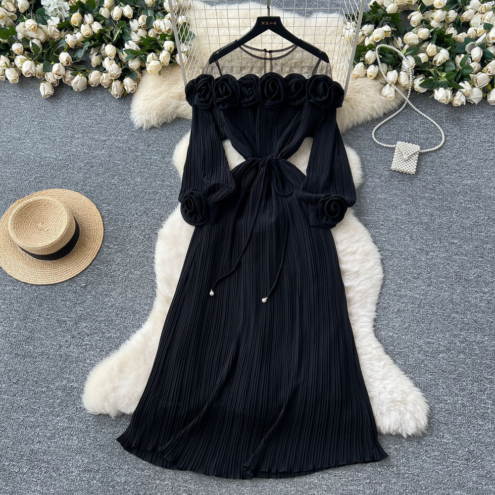 new european and american fashion heavy-duty 3d floral see-through mesh panel long sleeve cinched waist pleated dress for women