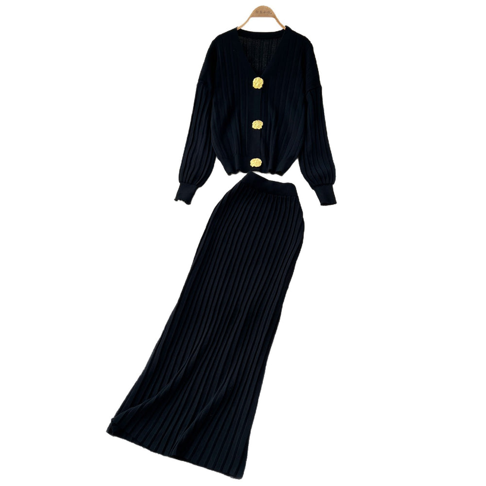 Lazy style metal buckle knittingcardigantopstwo-piece set women's autumclassy sense silm hip skirt suit