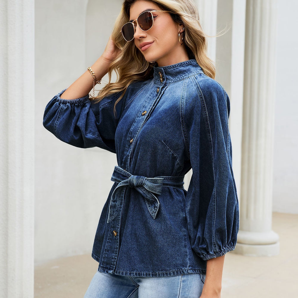 Fashion cross-border foreign trade  new stand-up collar lantern three-quarter sleeves with built-in belt waist style single-breasted top