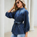 Fashion cross-border foreign trade  new stand-up collar lantern three-quarter sleeves with built-in belt waist style single-breasted top