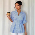 Amazon cross-border exclusive: european and american style striped blouse for women, spring/summer  collection. v-neck, slim-fit, figure-flattering work shirt