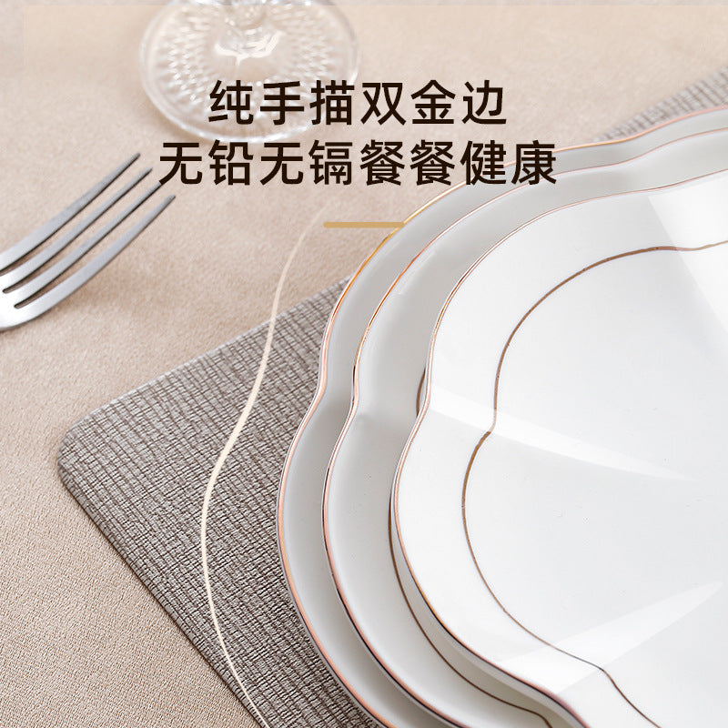 Wholesale gold-rimmed petal vegetable plate plum blossom plate for home ceramic dinner plate fish plate classy commercial cold dish plate
