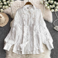 French chic heavy lace trim long sleeve shirt & elastic high waist wide leg pants two-piece set for women