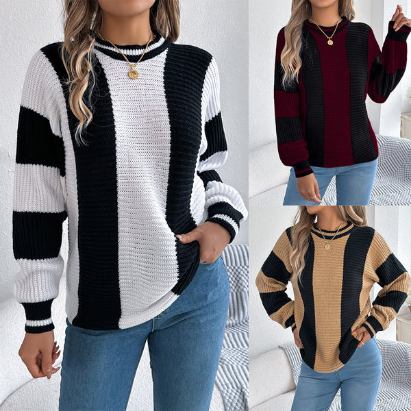 Real shot 2025 autumn and winter European and American casual contrasting colors striped lanterns long-sleeved pullover sweater,   women's clothing