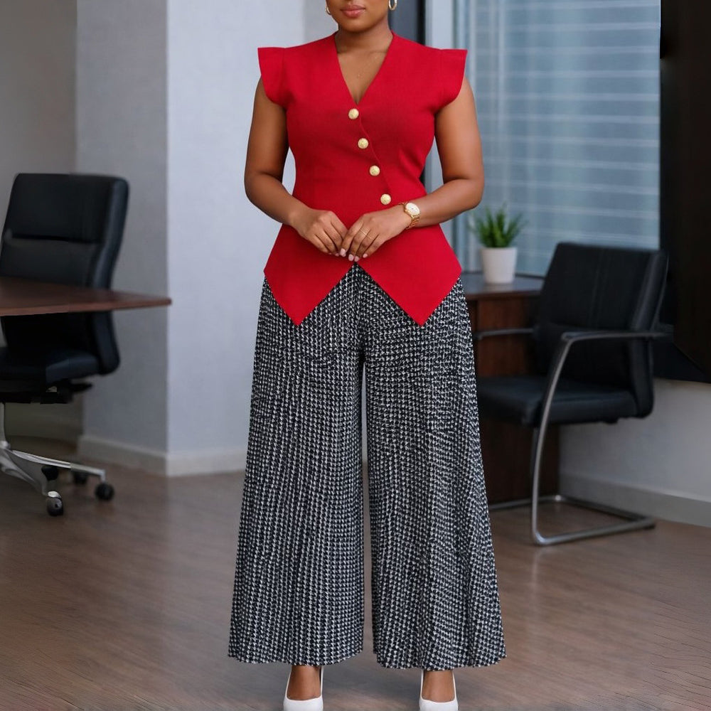 D632 european and american cross-border fashion sleeveless button-up solid color v-neck top with printed pleated wide-leg pants african two-piece set