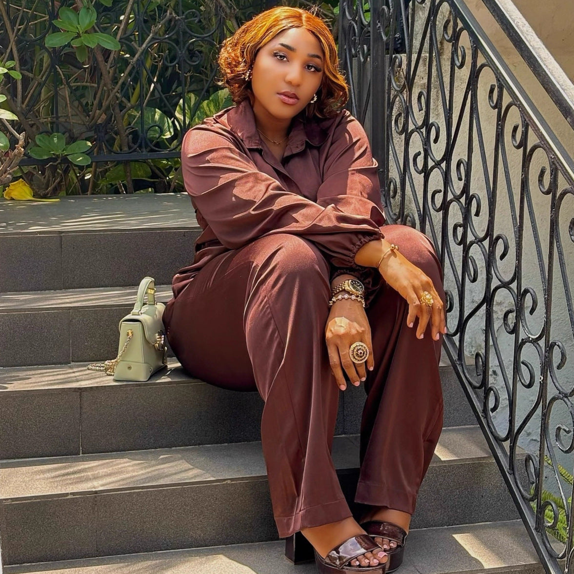 European and American large size solid color cardigan lapel shirt high waist wide leg pants women's African fashion loose new two-piece set trendy