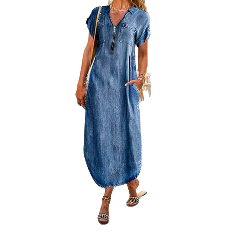 Independent station  fashion clothing summer short-sleeved denim dresscasualwork clothingloose women's dress
