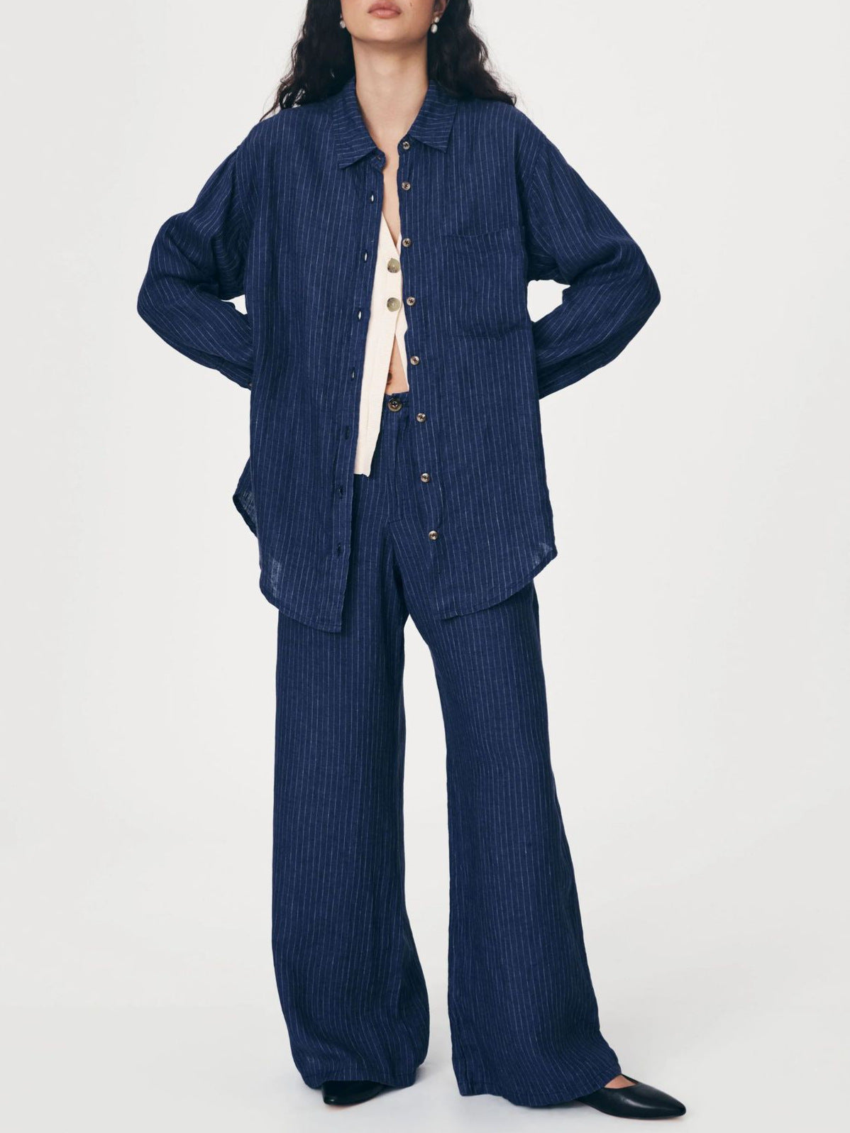 European and American  independent station casual navy blue striped two-piece cardigan top wide-leg pants women's clothing  hot sale