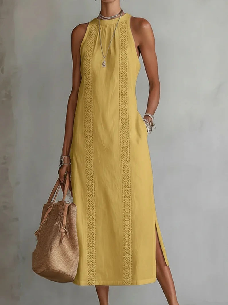 spring collection: european & american -style halter neck sleeveless dress - solid color lace trim, perfect for vacation