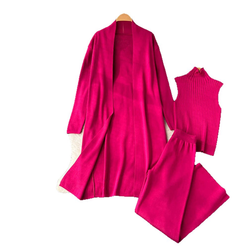 fashionloosecasualknittingsuit women's long shawl cardigan + turtleneck sweater + loose pants three-piece set
