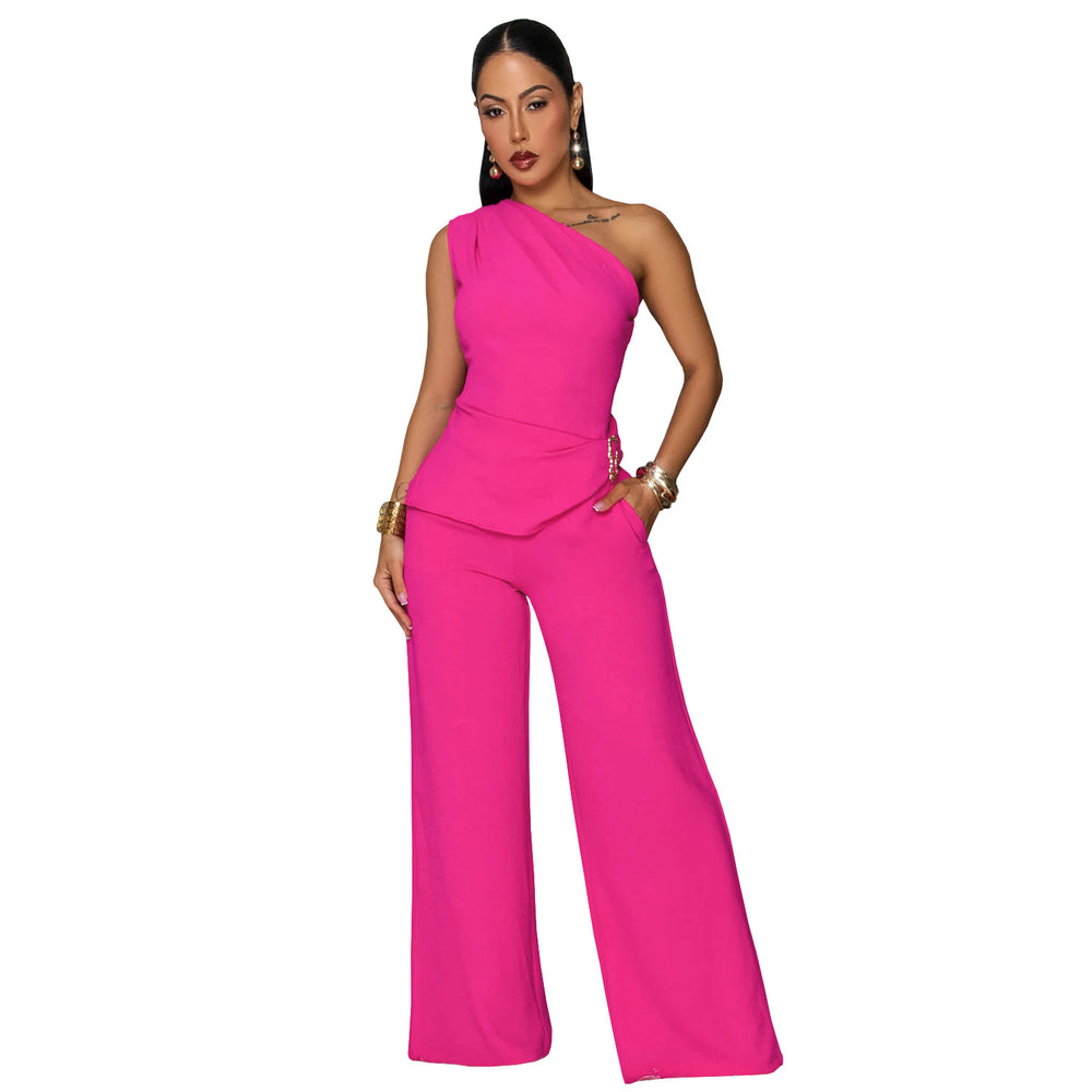 C7736 cross-border    new women's casual solid color one-shoulder top and pants two-piece set