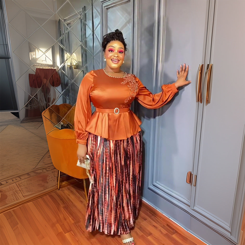 african women's plus size embroidered & beaded dress -  chic commute two-piece pleated skirt set