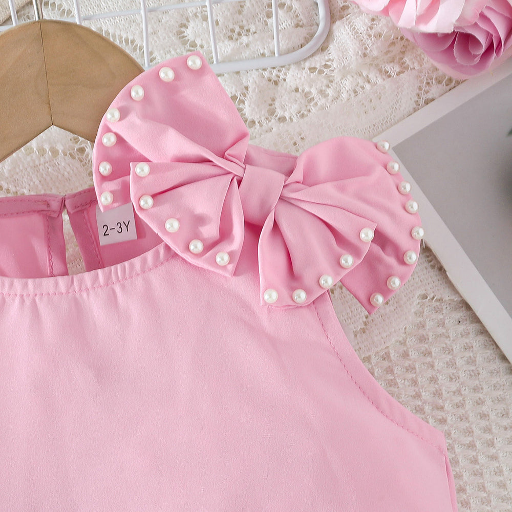 european and american style girls' summer outfit: bowknot lace tassel tank top + beaded denim shorts set