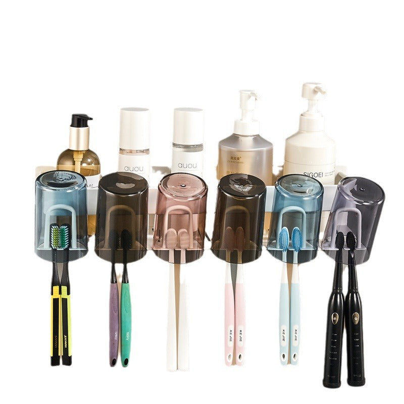 Wide new product toothpaste toothbrush rack, no punching space aluminum bathroom brushing mouthwash cup wall hanging set