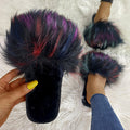 Women's faux fox fur slippers - new autumn/winter collection - warm, flat-heeled cotton slides for indoor/outdoor wear
