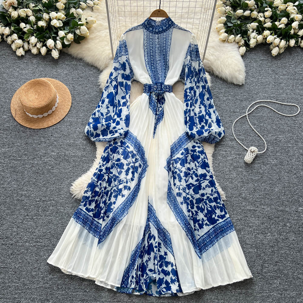 High-end elegant women's dress  new french style tie-waist lantern sleeve placement print pleated maxi dress