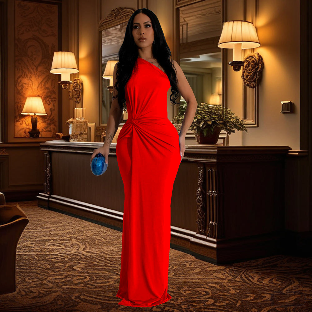 C6940 cross-border   fashion women's independent station one shoulder evening dress silmdress