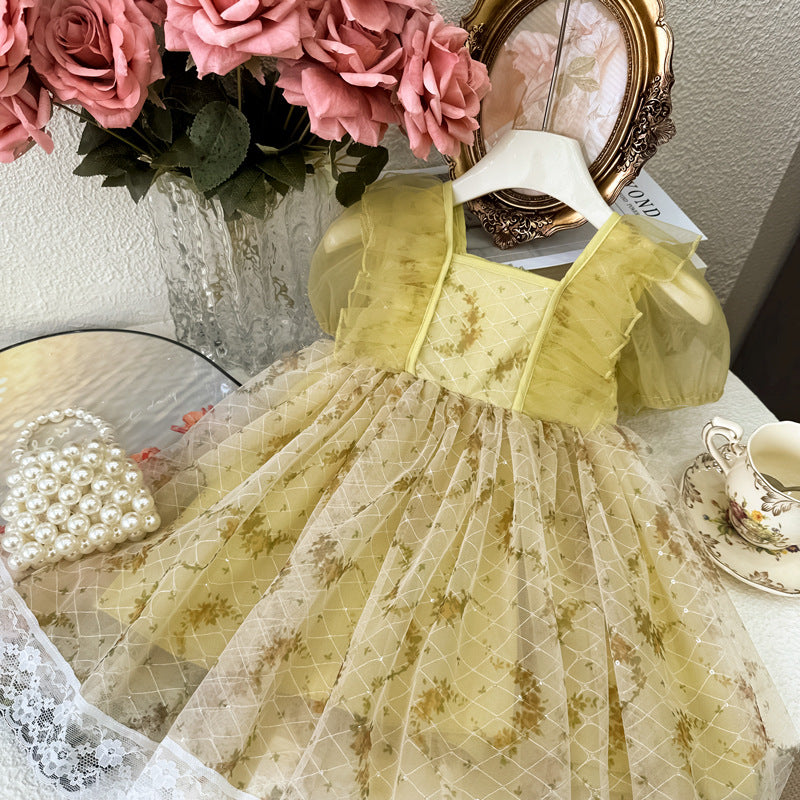 summer girls' princess dress - printed lace trim, stylish puff sleeves, floral print princess dress - clearance sale on remaining sizes