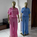 European and american cross-border women's fashion:  summer new collection - solid color turn-down collar short sleeve shirt & casual wide-leg pants set