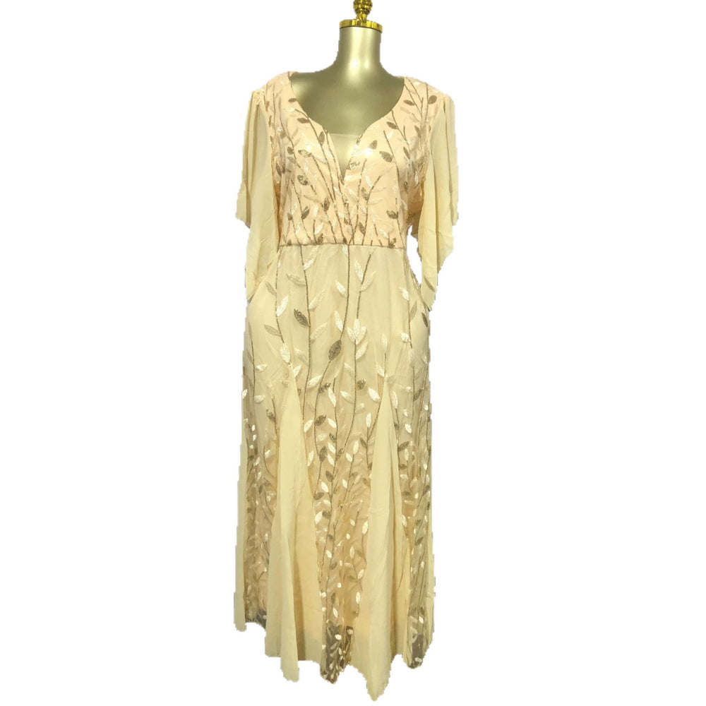 European and american plus-size women's clothing:  summer new arrival - short sleeve v-neck, cinched waist, ruched mesh panel long dress
