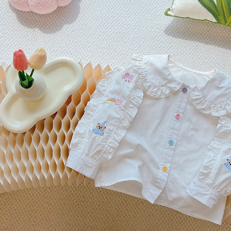 Girls' autumn  new arrival: pure cotton blouse - stylish, versatile, korean style embroidered bear top - trendy spring & autumn fashion