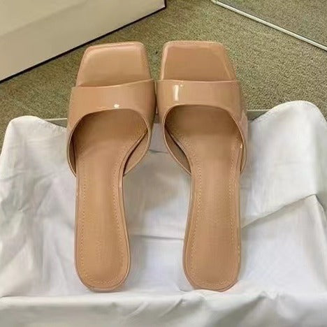 French high-heeled sandals - patent leather, 2024 new collection, versatile stiletto heel, square toe, open toe, sexy outdoor slippers for women