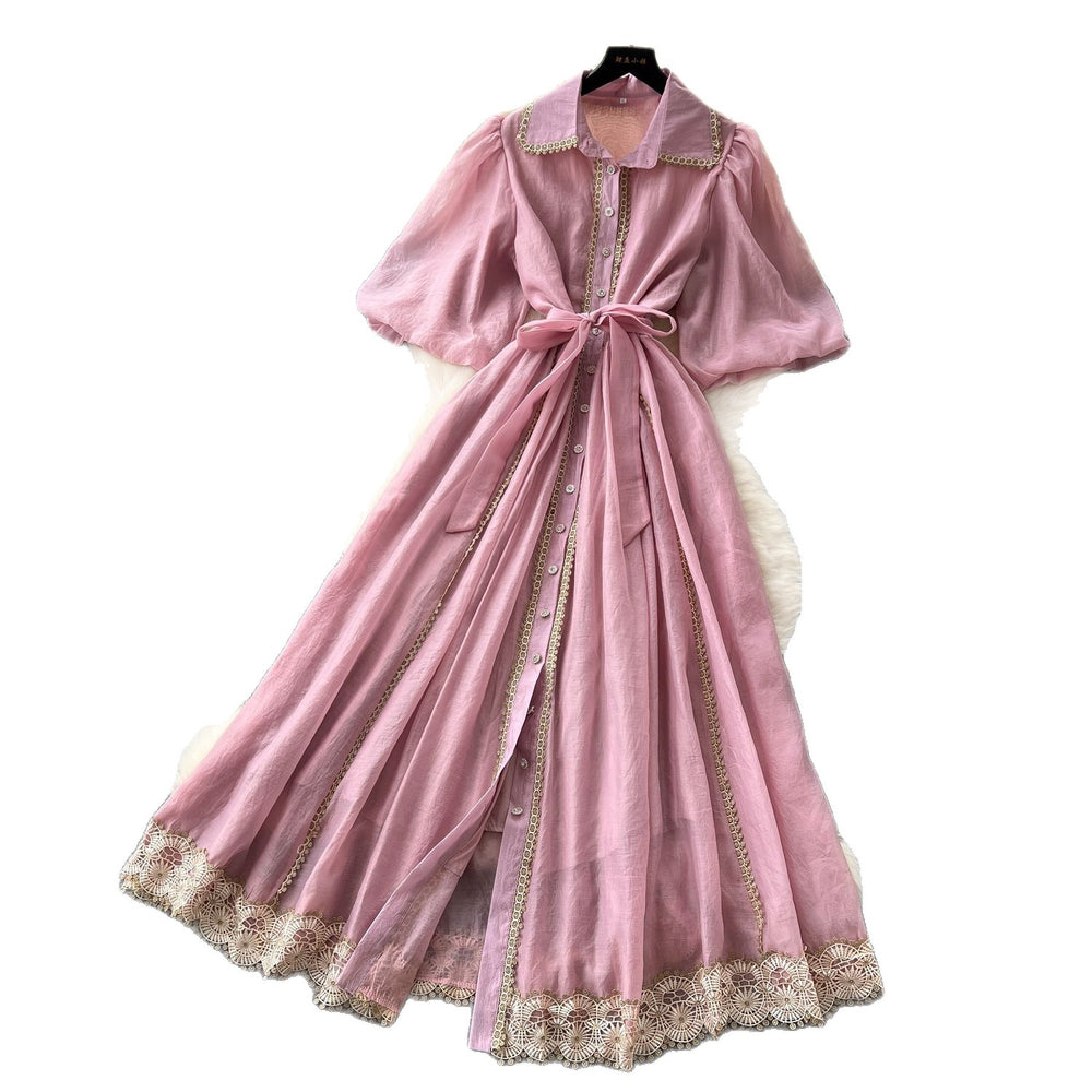 Frenchclassyelegantdress women's palace style straps waist elegantlacepatchwork single breasted large swing long skirt