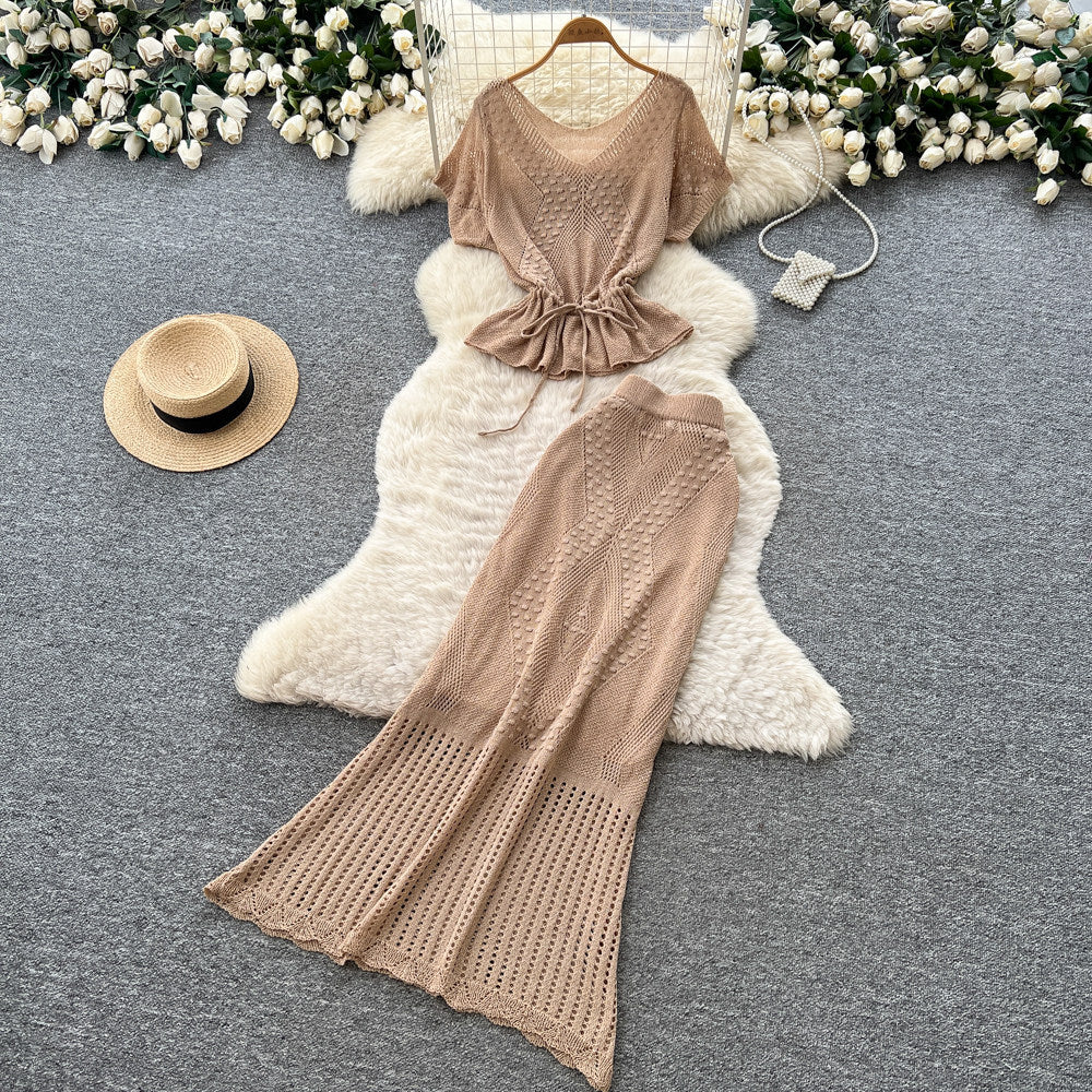French chic hollow-out knit short sleeve two-piece set - women's summer slim fit, slimming, elegant, and professional style outfit