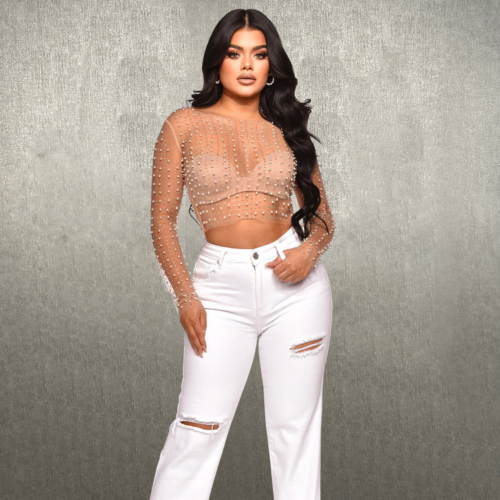 C6355   fashion women's solid color mesh rhinestone beaded long sleeve top - single piece set
