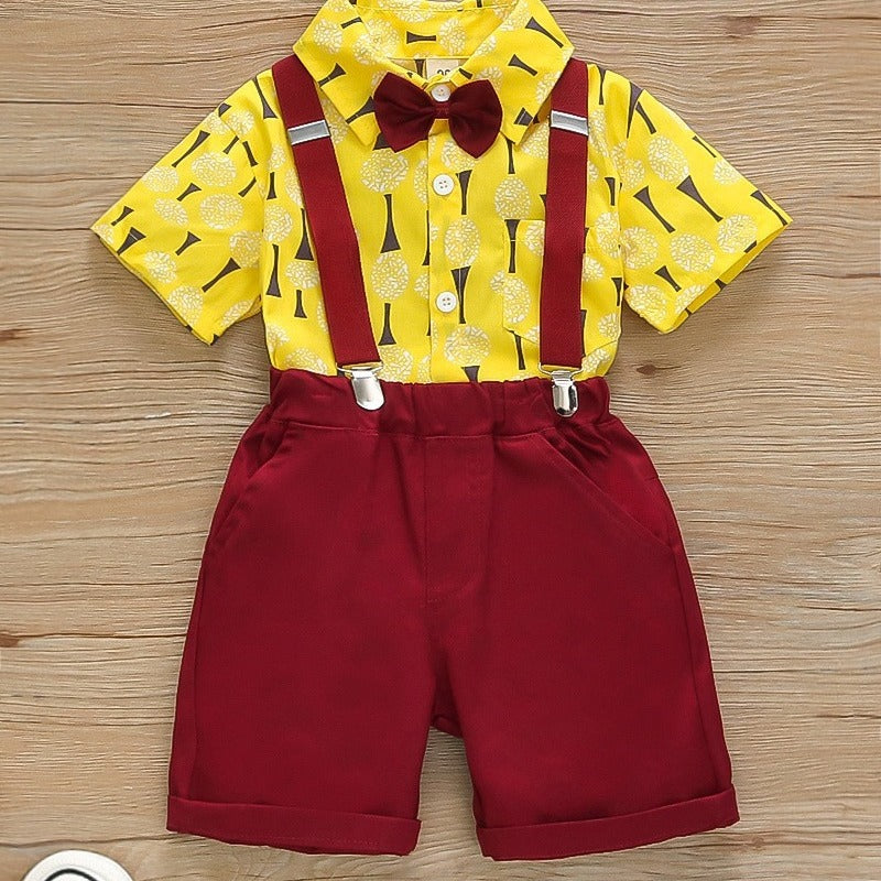New spring/summer boys' printed short-sleeve and shorts set - gentleman's vacation style two-piece outfit