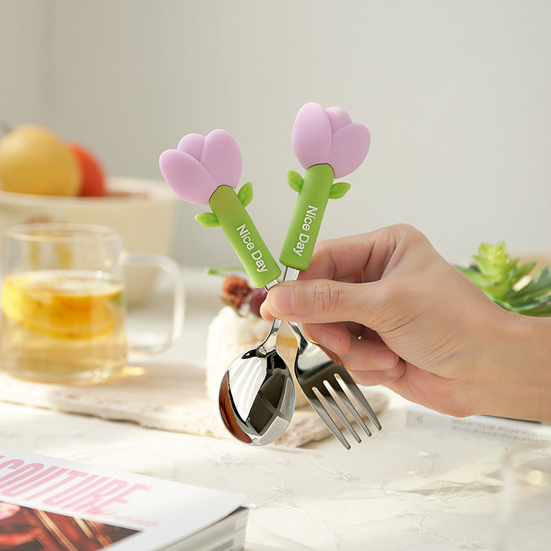 Cartoon tulip school portable 304 stainless steel cutlery set - cute dessert forks and spoons for kids