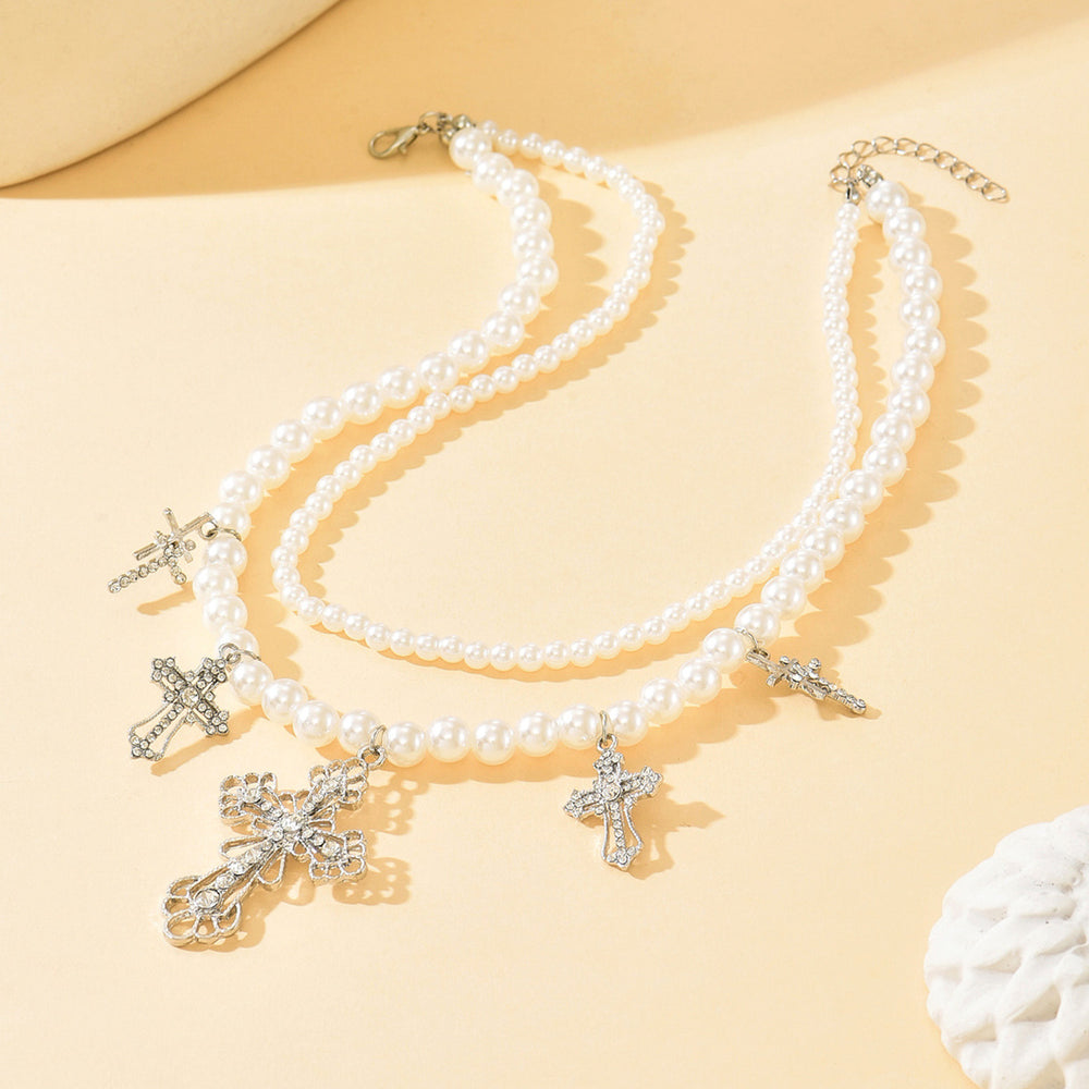 Double-layered imitation pearl necklace wholesale european and american cross-border accessible luxury high-end diamond-encrusted cross pendant clavicle chain