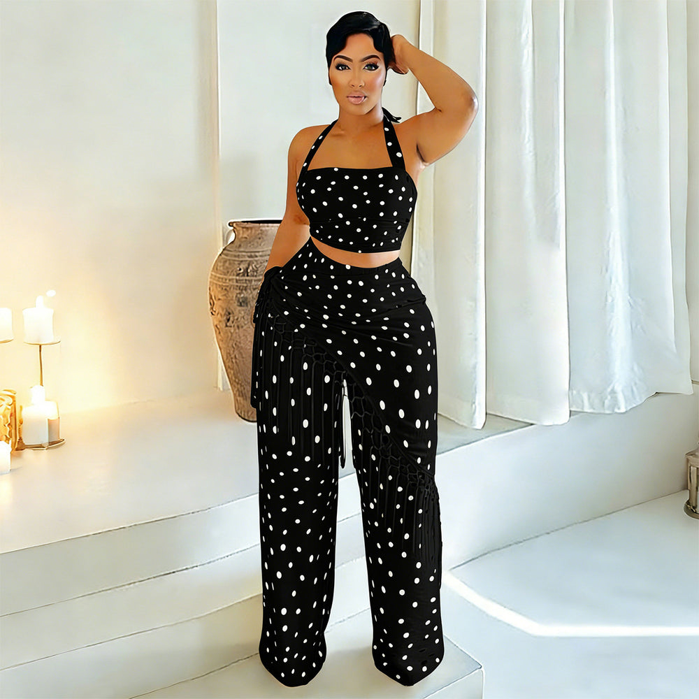C7695 cross-border   fashion women's casual thin tassel polka dot wide-leg pants set