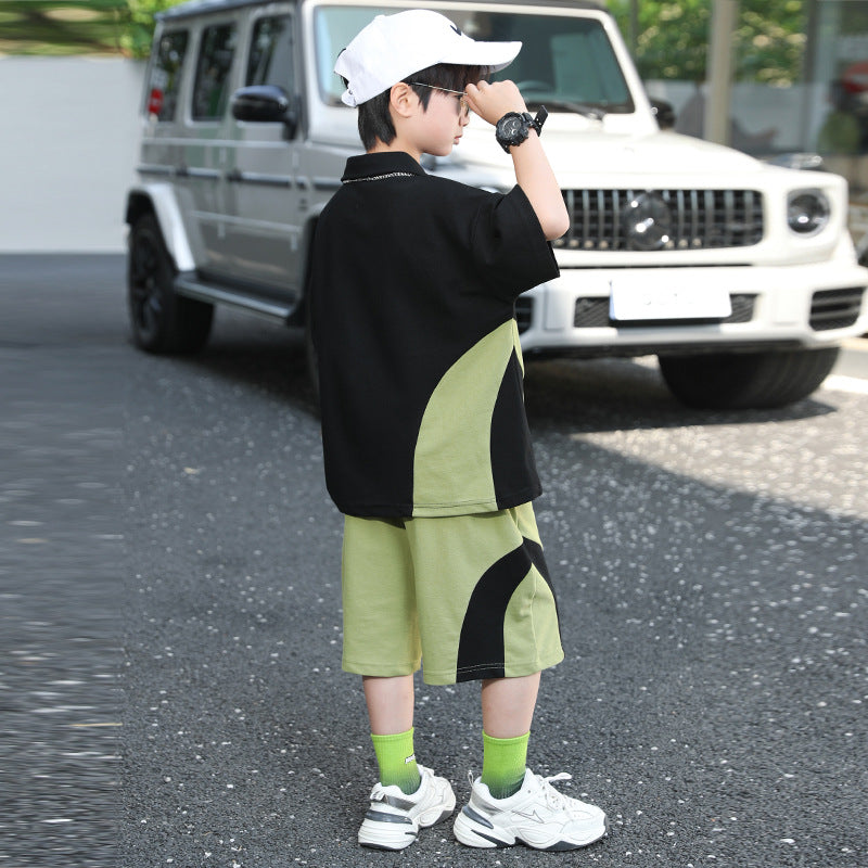 Boys' summer color block polo shirt set - new  collection - trendy two-piece outfit for mid-to-large children, featuring shorts