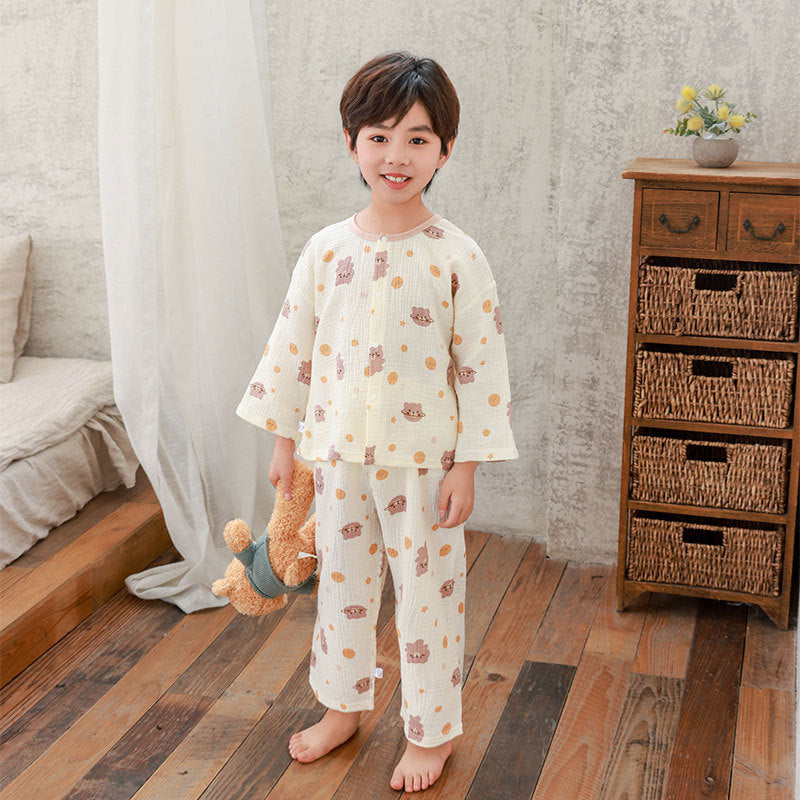 kids' cropped lounge set - boys & girls double-layer cotton gauze pajama set with baby lace trim and cartoon print