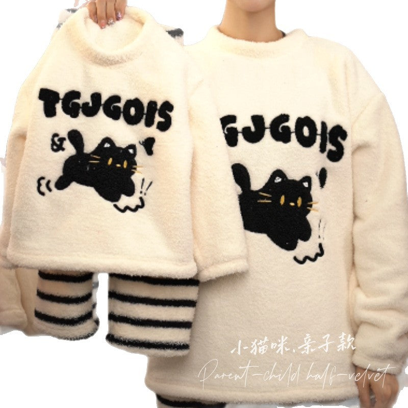 Girls' autumn/winter kitten print half-fleece pajamas -  new kids' style, wearable outdoors, fleece-lined loungewear set, warm