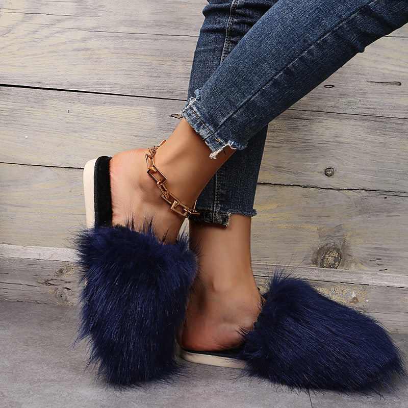 plus size fur slippers women's imitation fox fur women's slippers imitation raccoon fur heattech shoes toe cap slippers european station women