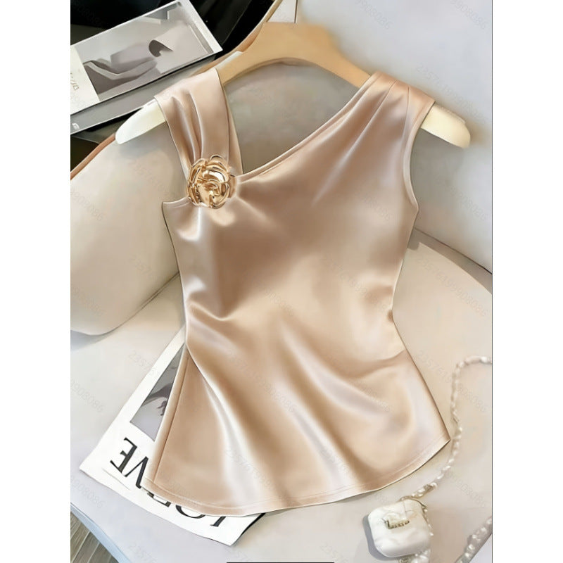 Women's summer new arrival: elegant, stylish, and versatile solid color asymmetrical knit satin sleeveless top for work and casual wear