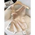Women's summer new arrival: elegant, stylish, and versatile solid color asymmetrical knit satin sleeveless top for work and casual wear