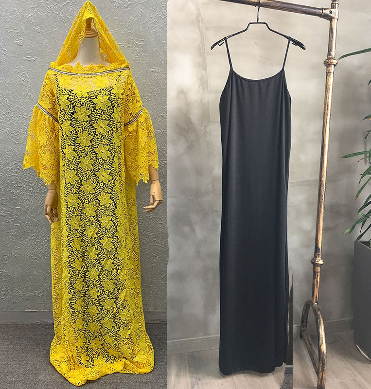Special offer: african women's lace loose plus size robe dress with flared sleeves, fashionable long dress with matching headscarf