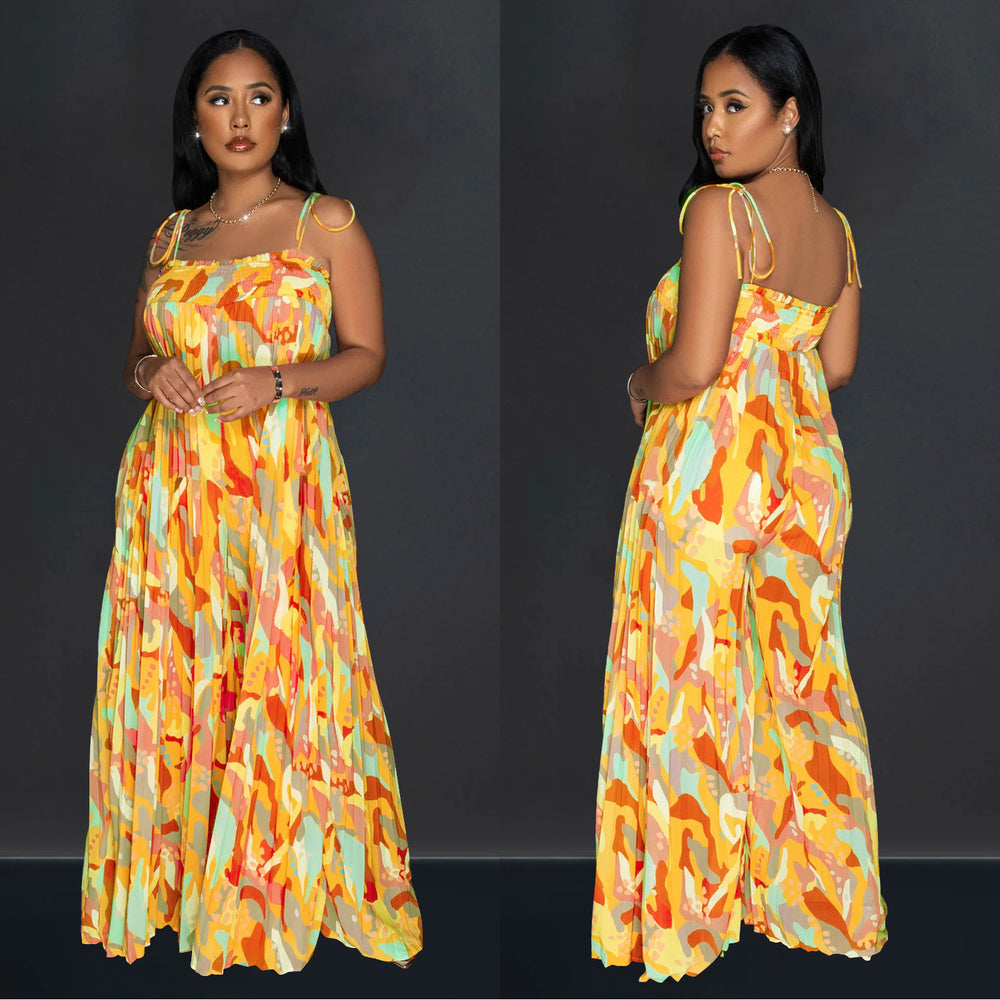 C6878 cross-border   fashion women's sexy printed cami pleated wide-leg jumpsuit