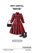 girls' christmas red dress - lolita style plaid lace high neck bow long sleeve a-line skirt